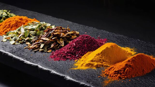 A black tray with a variety of spices on it. The spices are arranged in a row, with some being red and some being yellow. The spices include chili powder, paprika, and turmeric