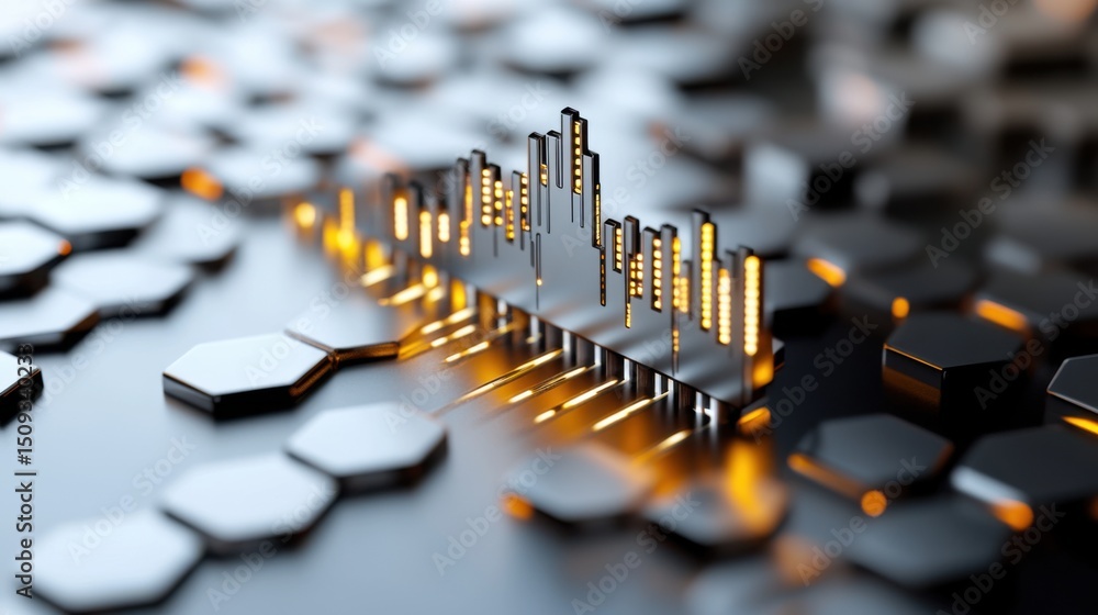 Poster a detailed graphic displays sound waves rising above a hexagonal surface, illuminated by soft glowin