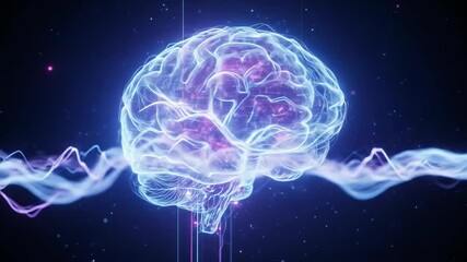 Blue neon brain with electric pulses and wave lines representing futuristic neural technology and cognitive research in AI. - Powered by Adobe