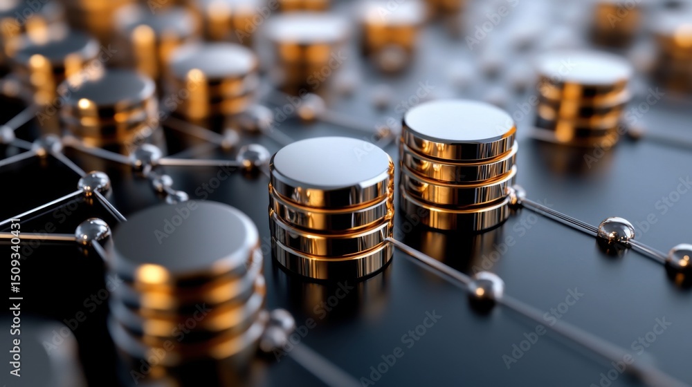 Poster reflective metallic disks symbolize data storage, placed on a network of interconnected nodes. the s