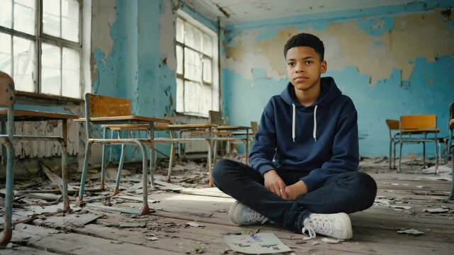 A boy is sitting on the floor in a classroom with chairs around him. The room is empty and dirty