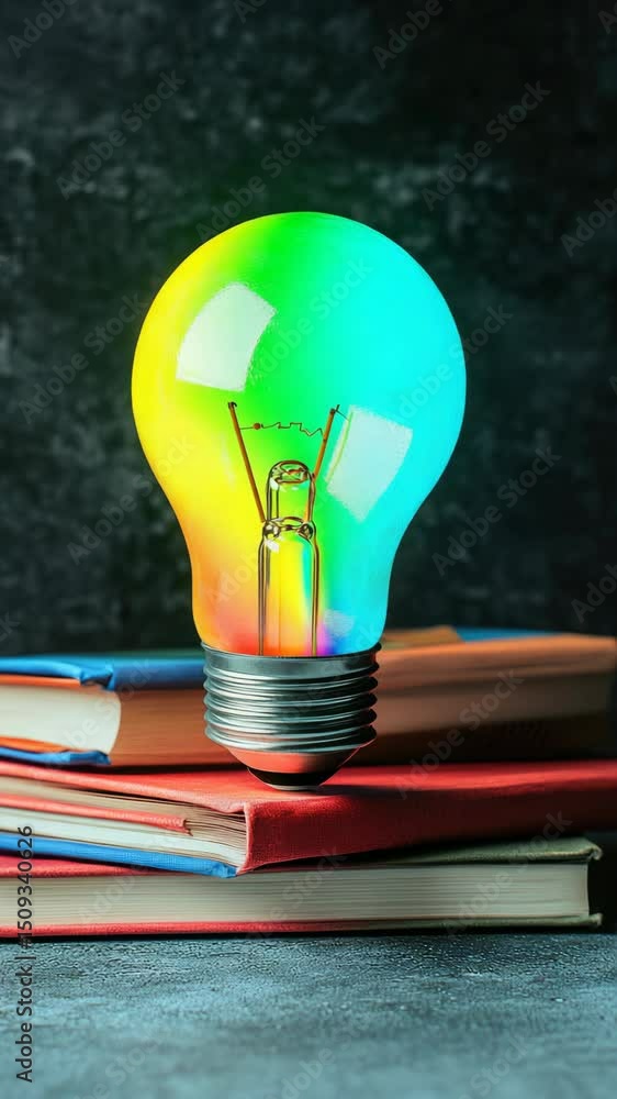 Poster a colorful light bulb is sitting on top of a stack of books. the light bulb is surrounded by books o