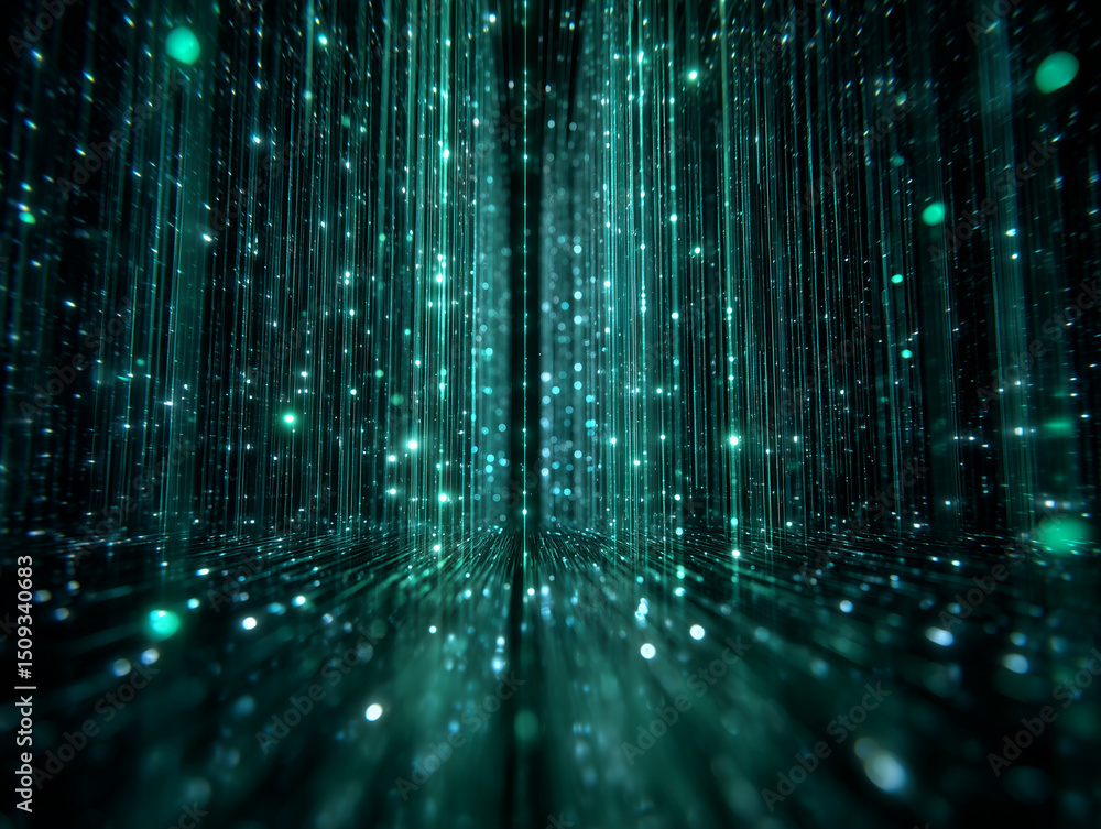 Poster an abstract and ethereal visualization with a dynamic display of teal, vertically cascading lines of