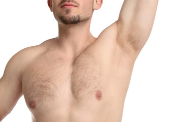 Young man showing hairy armpit on white background, closeup. Epilation procedure