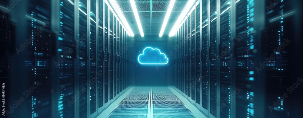 Fototapete 3d rendered data center hallway glowing with blue lights and a neon cloud icon, ideal for cloud comp