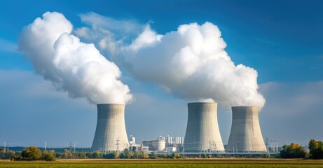 Nuclear power plant with three large cooling towers emitting steam into a clear blue sky, ideal for energy sector visuals, sustainability topics, or infrastructure features