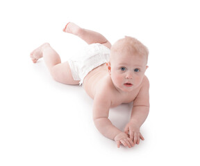 Cute little baby in diaper on white background