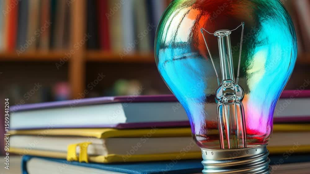 Poster a light bulb is sitting on top of a stack of books. the light bulb is colorful and he is glowing. th
