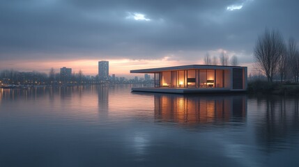 Modern houseboat on a serene lake at dusk