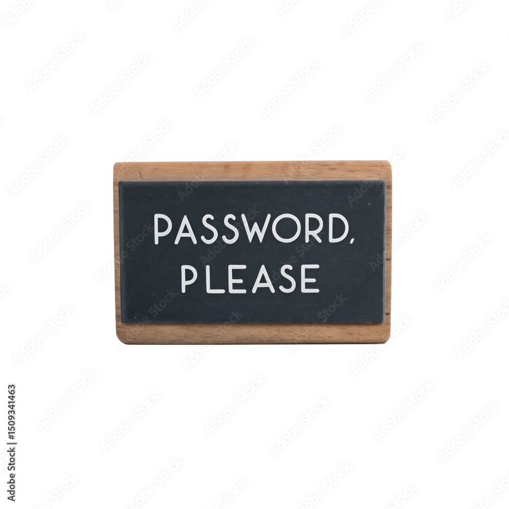 Poster small chalkboard with wooden frame displaying the words password, please on a transparent background