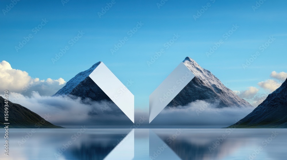 Poster a pair of large geometric shapes stands between two towering mountains, reflecting in calm waters be