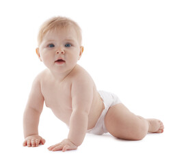 Cute little baby in diaper on white background