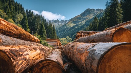 In a serene forest, stacks of logs lay amidst towering pine trees. Majestic mountains rise in the background, illuminated by sunlight on a clear blue sky, creating a picturesque atmosphere
