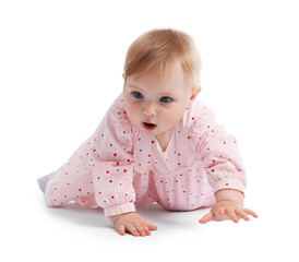Cute little baby crawling on white background