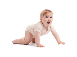 Cute little baby crawling on white background