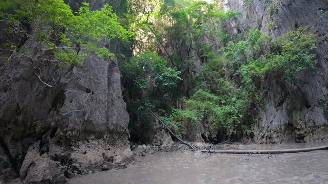 Panak İsland , a peaceful sandy beach surrounded by cliffs and greenery, with smooth sand and no visible footprints or human presence 
