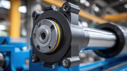 Close-up view of a hydraulic cylinder assembly showcasing intricate mechanical parts and design. The setting reflects a modern manufacturing environment with advanced machinery