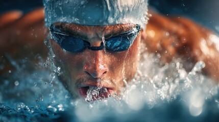 A focused swimmer propels himself forward with strong strokes during a competitive race. Water splashes around him as he surfaces, showcasing determination and athleticism in the pool