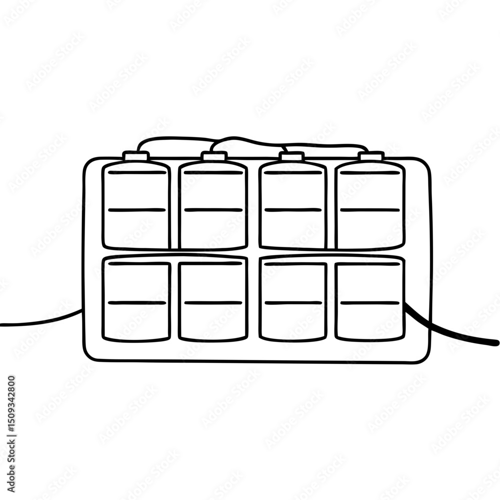 Poster battery storage system with eight cells connected by wires. compact energy storage solution for port