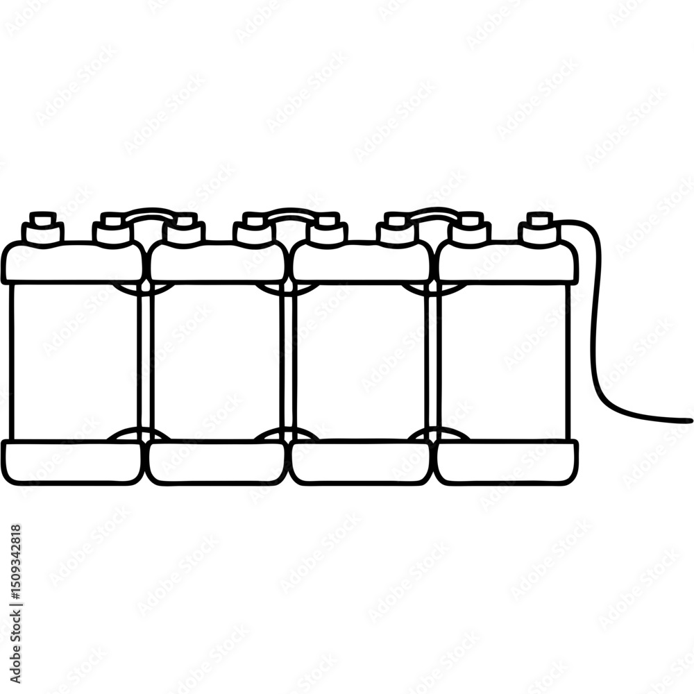 Poster battery storage system with four individual cells and connecting wire. energy storage solution with 