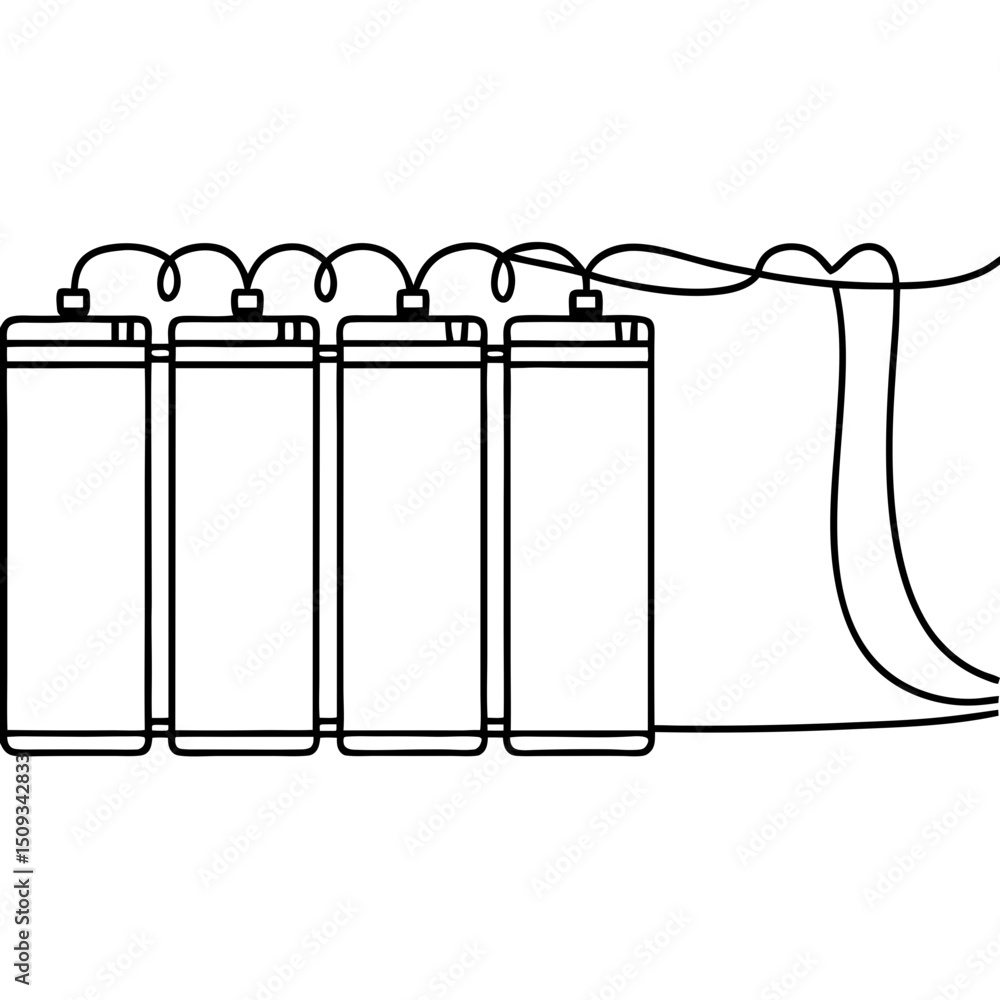 Poster battery storage system with five rechargeable batteries connected by wires. this energy storage solu