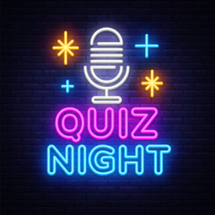 Quiz night neon sign with microphone. Vector illustration with glowing text QUIZ NIGHT and shining mic icon on dark brick wall.
