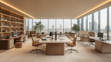 Fototapeta premium Modern, light-filled office space with city views
