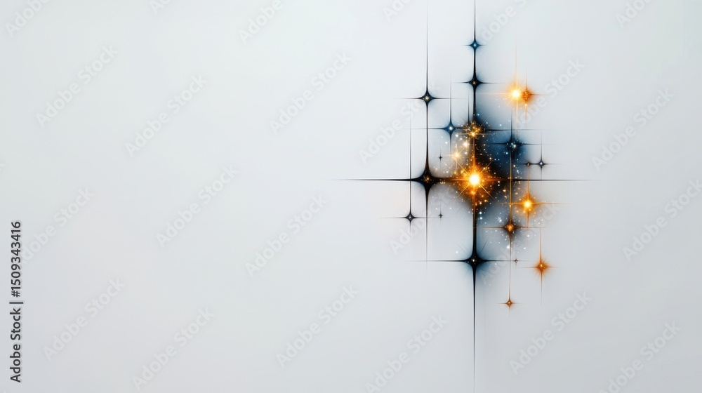 Poster an abstract visual showing a cluster of sparkling stars in warm gold and black tones against a soft 
