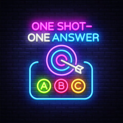 Quiz neon sign with question options. Vector illustration with glowing text ONE SHOT ONE ANSWER and ABC buttons on dark background.