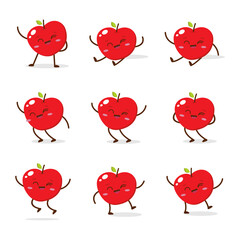 Cute Smiling Red Apple Character. Kawaii Red Fruit Mascot Style Vector. Cute vector character set in various action emotions. Collection symbols isolated on a white background