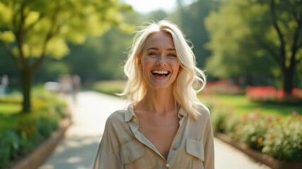 Happy beautiful young blonde woman smiling and laughing while walking in sunny summer park alley - Powered by Adobe