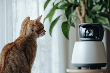 Home indoor IP wireless CCTV camera on cat tower for pet security Selective focus