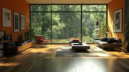 Fototapeta premium Modern living room with large windows overlooking a lush garden