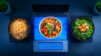 Overhead View of Laptop Displaying Vibrant Food Photo with Side Dishes