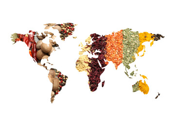 World map made of different aromatic spices on white background