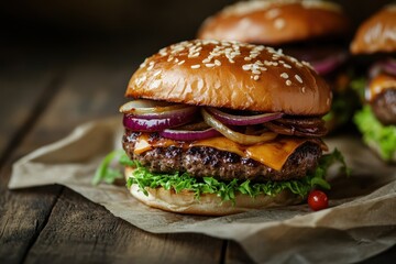 Homemade juicy beef burgers with cheese and caramelized onions on a wooden table captured