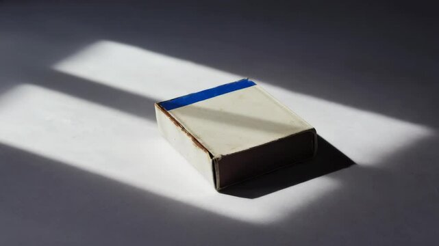A box with a blue stripe sits on a white surface. The box is empty and the blue stripe is faded