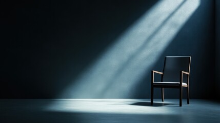 A single wooden chair sits on a smooth floor under soft beams of light in a dark setting, evoking contemplation and solitude in a minimalist space.