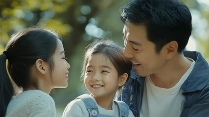 A man is hugging two young girls. Scene is warm and loving. The man is smiling and the girls are happy. Concept of a father and his children spending quality time together