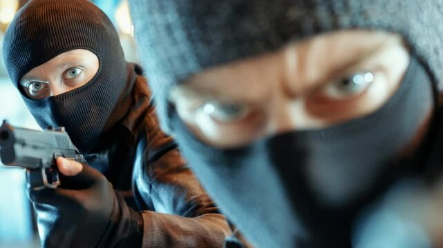 Intense armed robbers in balaclavas with focused eyes and guns.