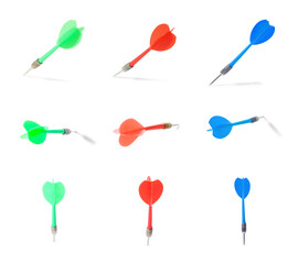 Darts in different colors on white background, set