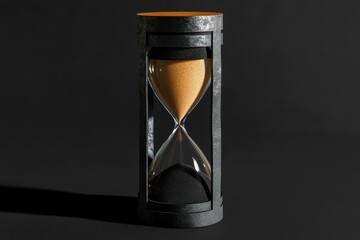 Hourglass rests on dark sand with shadow on black backdrop It symbolizes extended deadlin