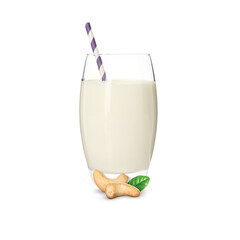 Nut milk in glass and cashews isolated on white