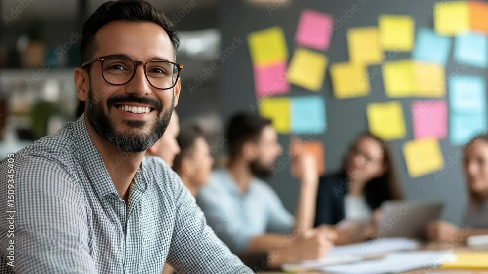 Poster a man with glasses is smiling at the camera in front of a colorful wall of sticky notes. scene is ch