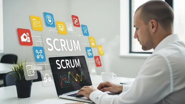Man working on laptop with scrum icons and text overlay in bright office environment setting scene