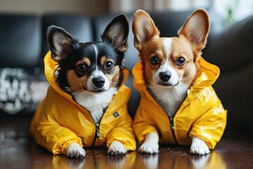 Humorous dogs in raincoats inside
