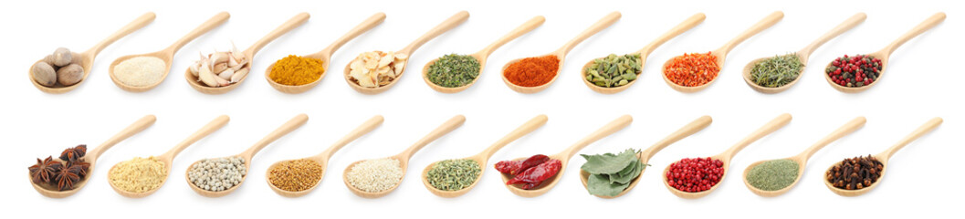Different aromatic spices in wooden spoons on white background, set