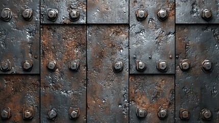 Fototapeta premium Rustic Metal Texture Background Dark Grey Brown Weathered Steel Plates Bolts Industrial Grunge Seamless Pattern Design Element Vintage Aged Surface Rough Texture Old Metal 