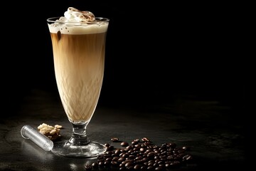 Iced coffee with cream in a tall glass ice cubes and beans on a dark concrete surface R