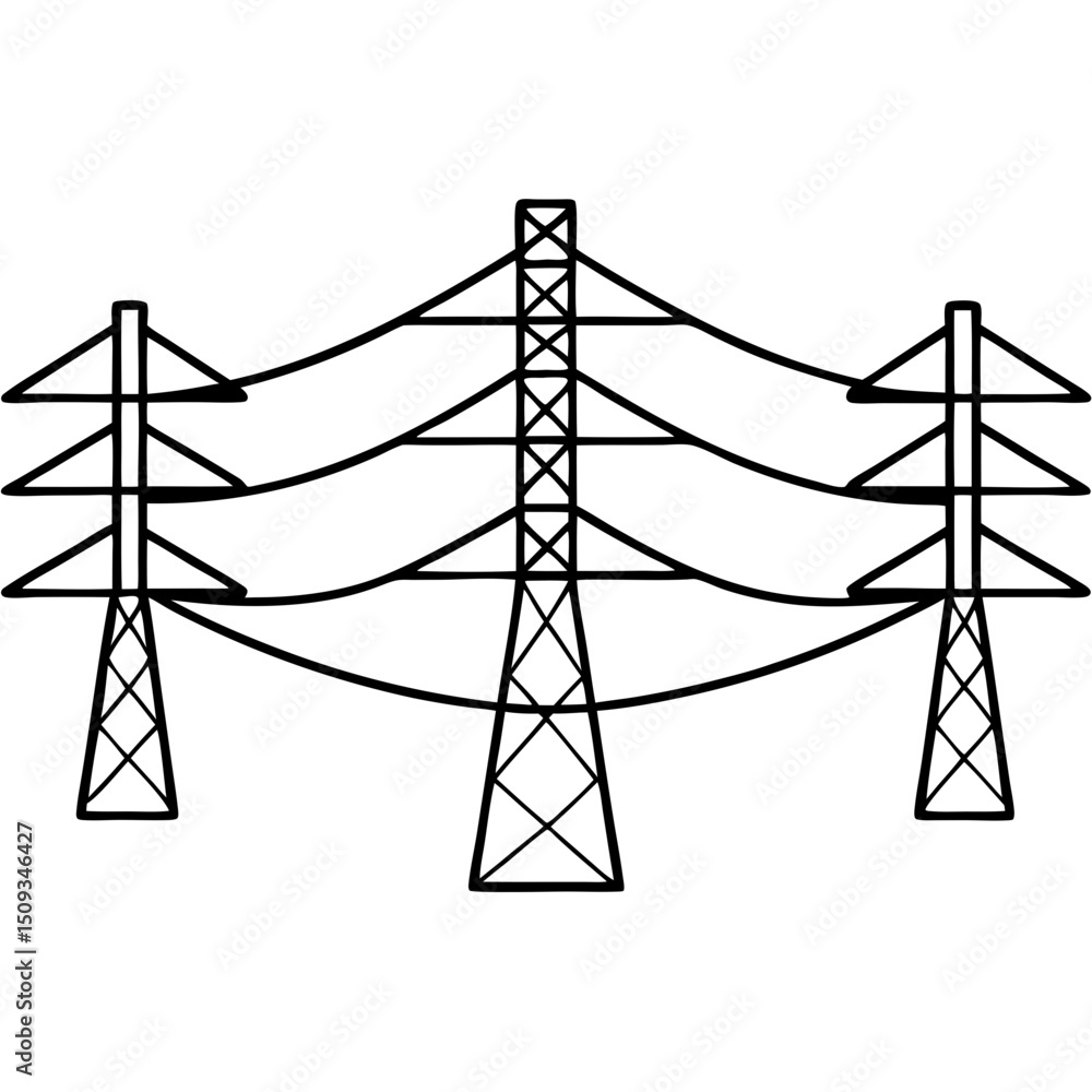 Poster power grid map illustration showing high voltage transmission towers. detailed energy grid map desig